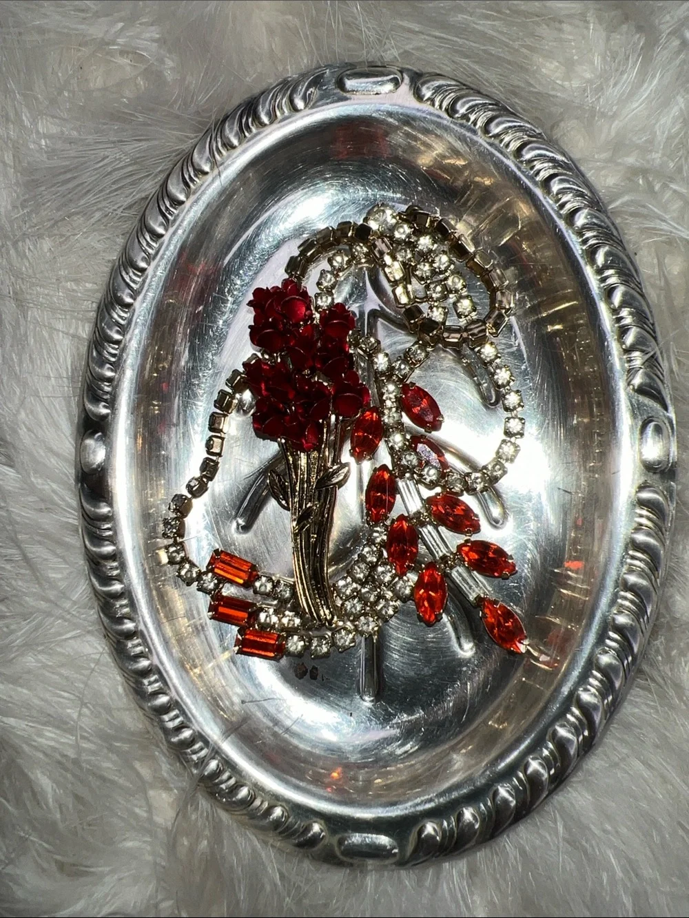 Vintage Antique Silver Plated Oval Decorative Tray with Leaf Motif Jewelry Tray